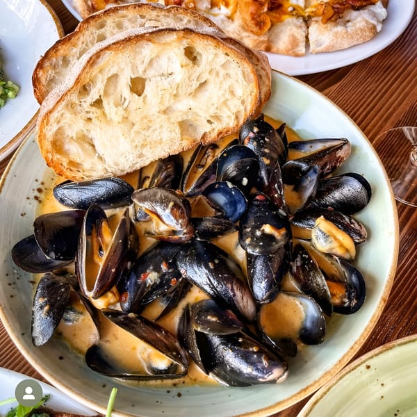 A bowl of mussels in a creamy sauce with two slices of toasted bread on the side.