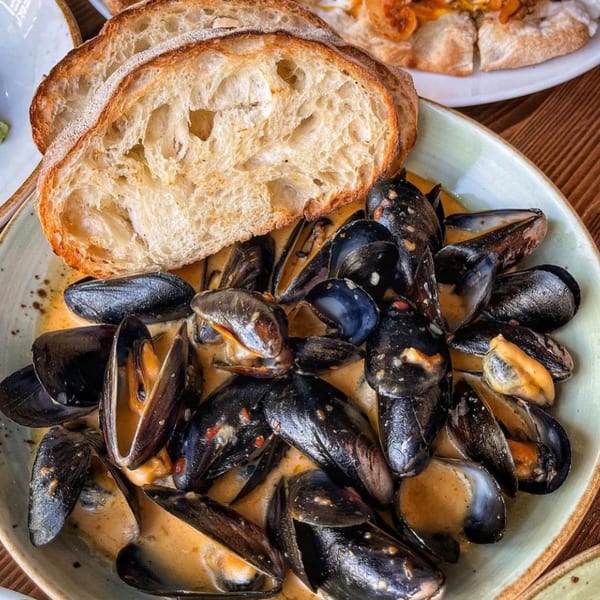 A bowl of mussels in a creamy sauce with two slices of crusty bread on the side.